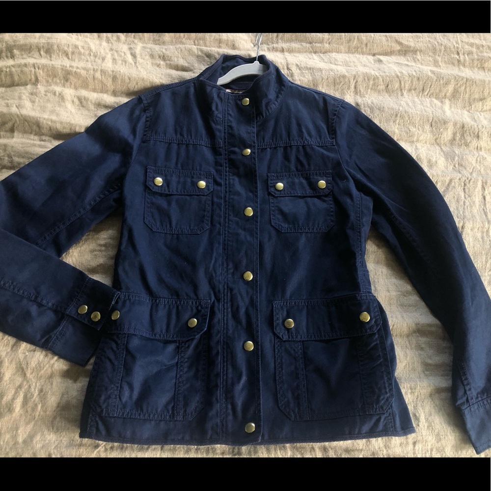 J. Crew Relaxed Boyfriend Field Jacket Navy Blue Gold Snaps military style